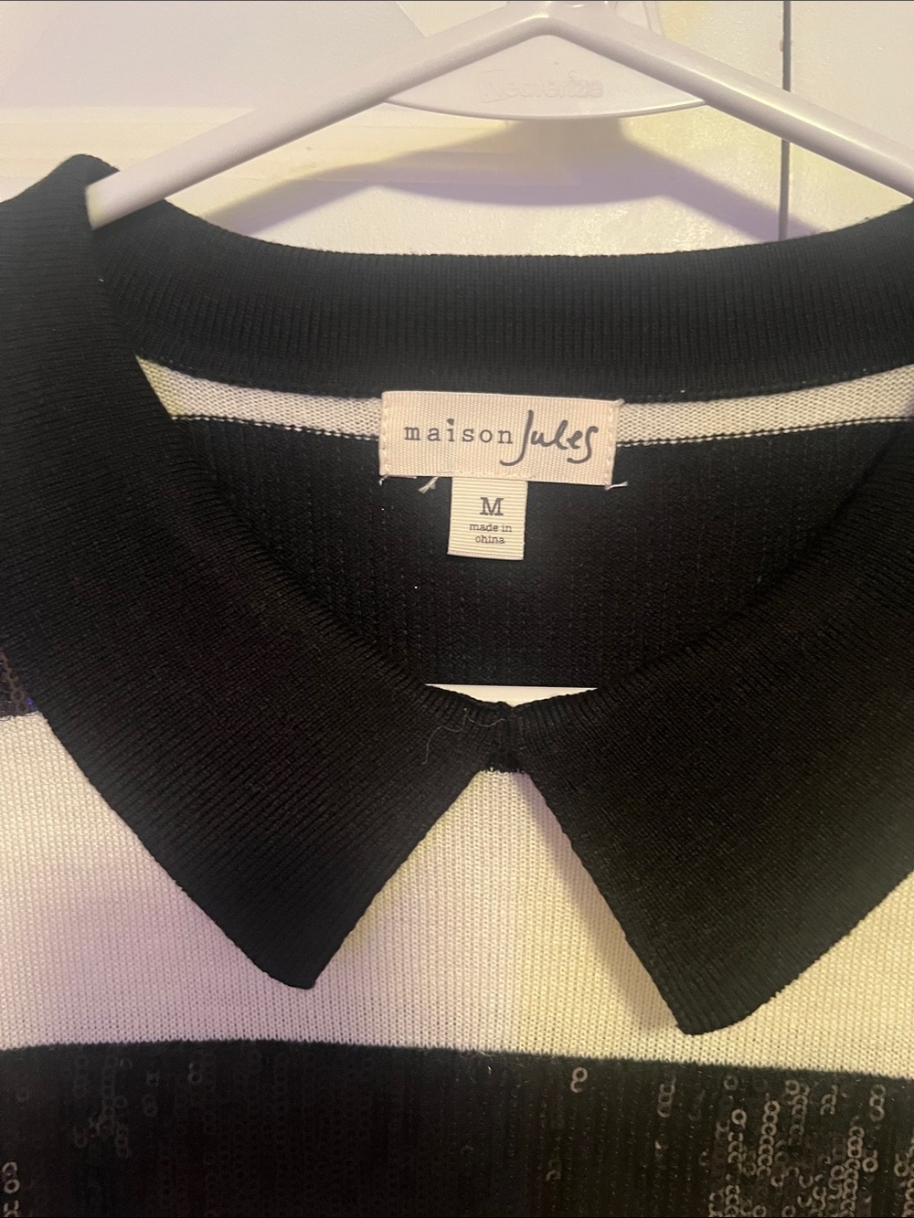 Maison Jules Black and White Striped Sequin Collar Sweater Size Medium NWT - Picture 2 of 3